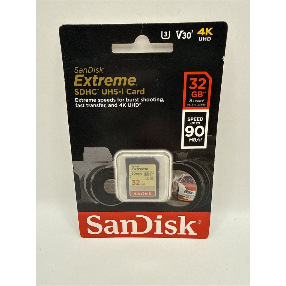 SanDisk Extreme 32GB SDHC Card - U3, V30, 4k/UHD, Speed Up To 90 MB/S